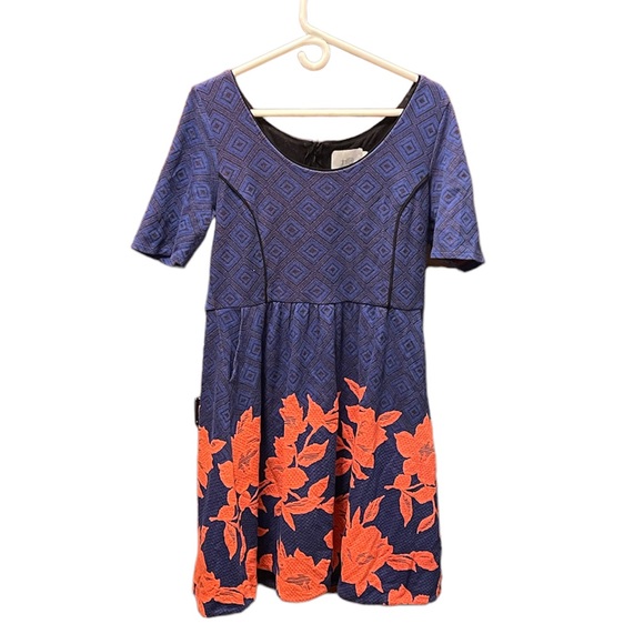 Anthropologie HD in Paris Blue Orange A Line Dress Knee length Large - Picture 1 of 5